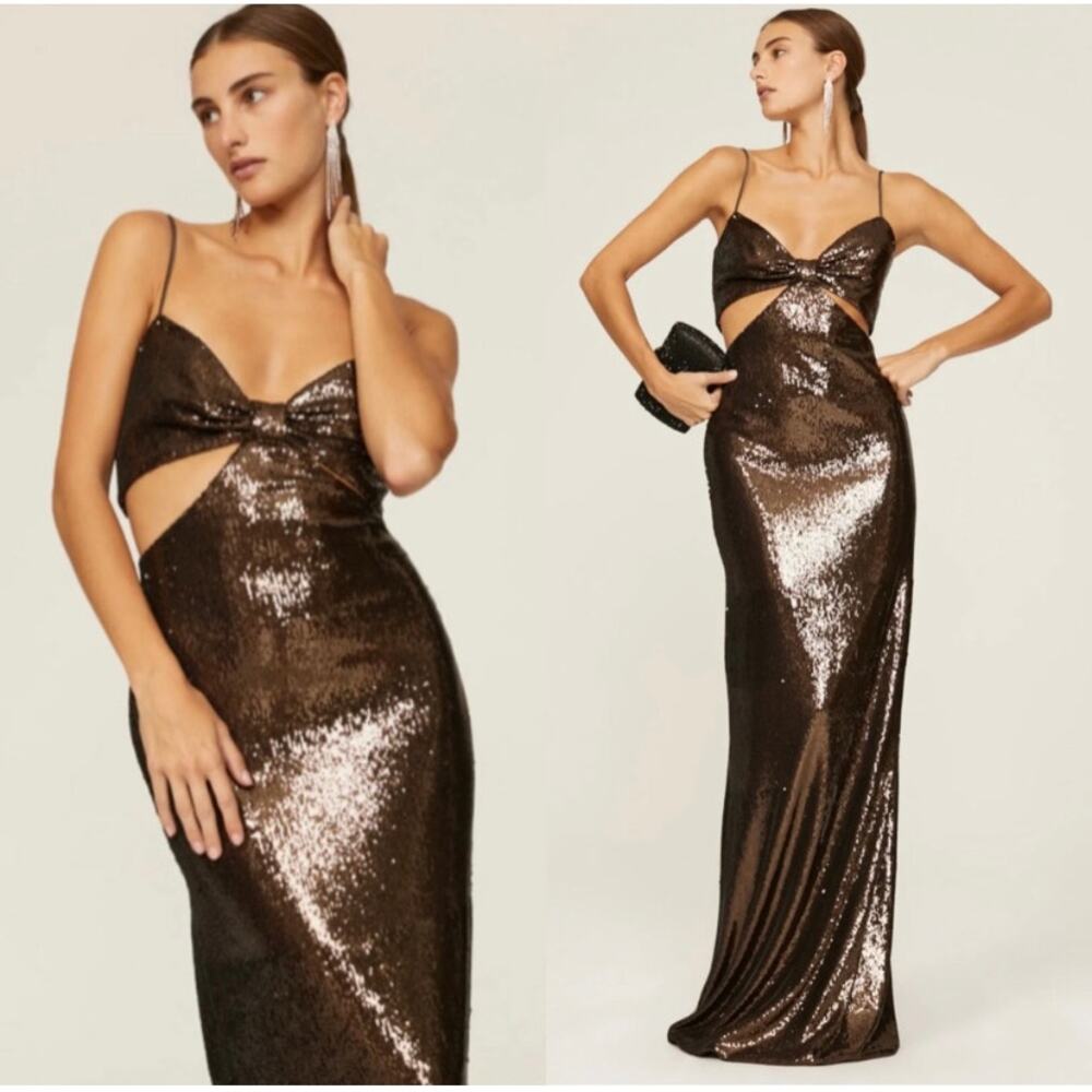 HALSTON Chloe Gown Cut Out Maxi Dress in Sequins Espresso Brown Size 8